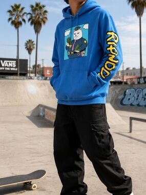 RIPNDIP Streetwear, Skater Y2K Officer Nermal Blue Graphic Hoodie Size Small/Med